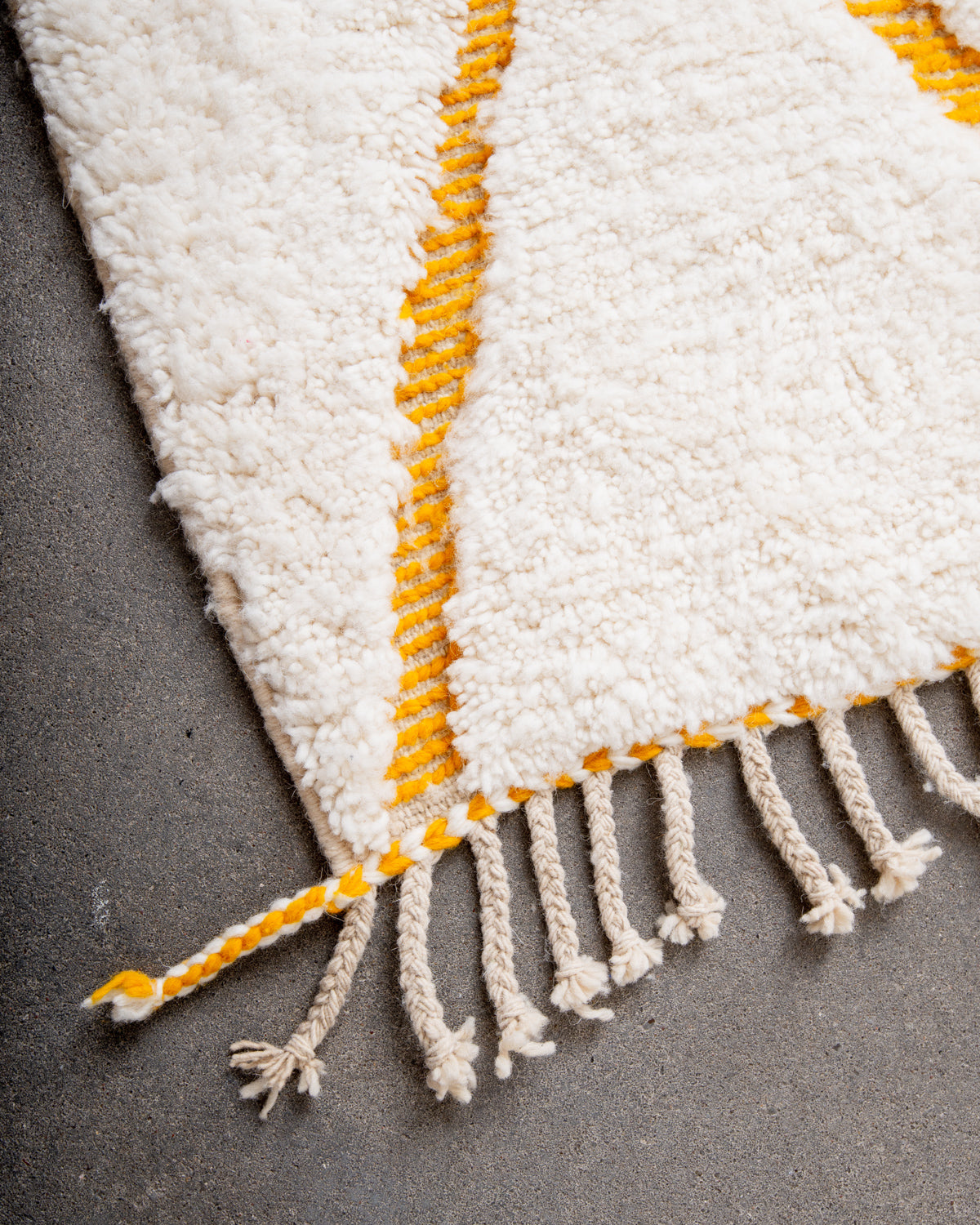 Modern, designer, handcrafted Berber rug from Morocco. Beniourain carpet with beautiful colours and patterns and fluffy wool texture.